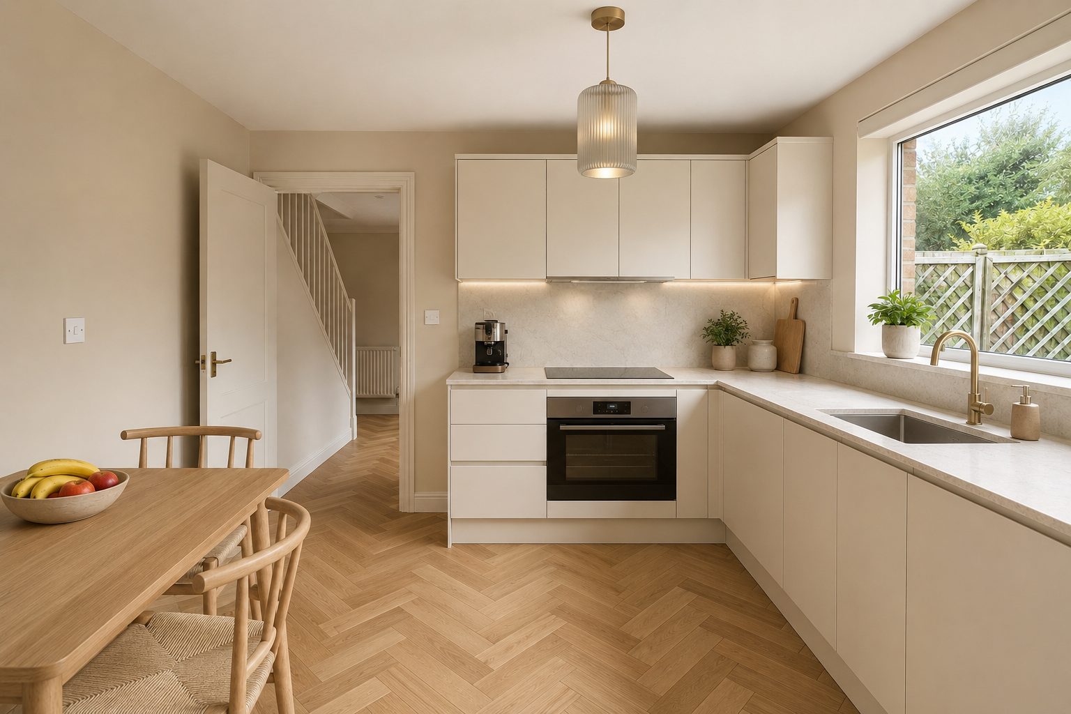 After: Modern handleless kitchen with herringbone wood flooring and brass tap
