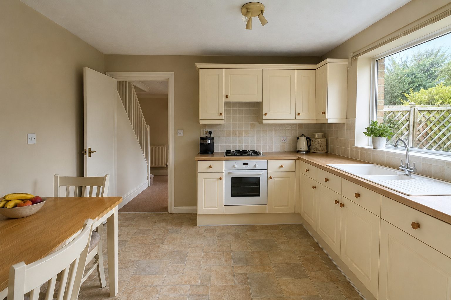 Before: Dated cream kitchen with tired lino tile flooring